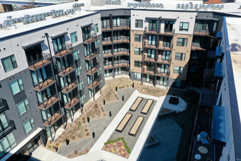 Arsenal 201 apartments (phase ii) drone view looking over courtyard