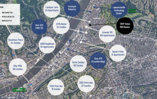 Aerial map showing sites completed by Franjo Construction in the Strip District and Lawrenceville, PA