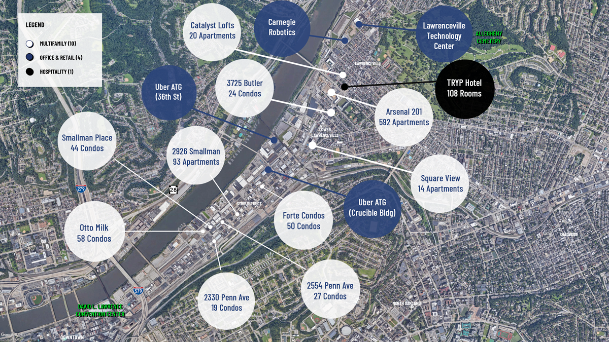 Aerial map showing sites completed by Franjo Construction in the Strip District and Lawrenceville, PA